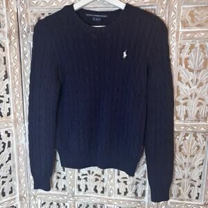 Vintage Polo Ralph Lauren Sport Women Cable Knited Navy Sweater Pullover V-Neck